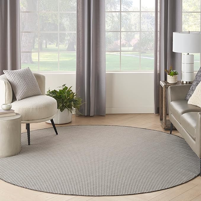Nourison Home Courtyard Ivory Charcoal 6' x Round Area Rug - Easy Clean, Non Shedding, Bed Room, Living Room, Dining Room, Kitchen (6' x Round)