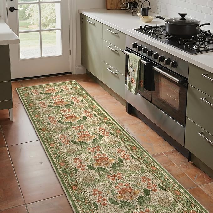 Bavni 2'6''x8 Runner Rug,Microfiber Washable Non-Slip Vintage Floral Rugs,Low Pile Lightweight Carpet for Bedroom,Hallway,Entryway,Kitchen,Bathroom, Sage Green & Burnt Orange