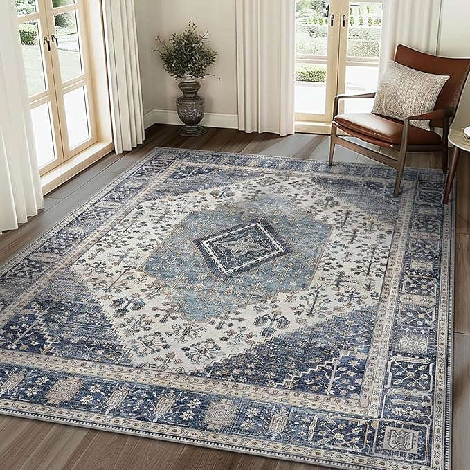 GENIMO 8x10 Area Rugs for Living Room, Machine Washable Non Slip Vintage Rugs, Low Pile Lightweight Chenille Print Rug for Bedroom, Dining Room, Home Office, Navy/Cream