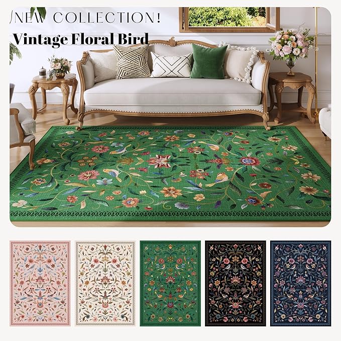 Vintage Medallion Floral 3x5 Washable Rug, Soft Low Pile Area Rug, Non-Slip Carpet for Bedside, Bedroom, Bathroom, Entryway, Kitchen, Office, Kids/Girls Room | Green