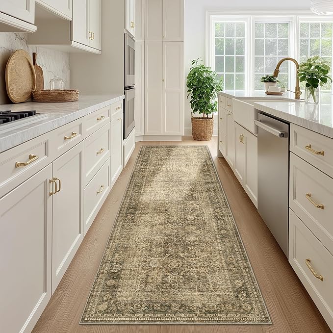 FMFUNCTEX 3x14 Runner Rug Brown Washable Vintage Neutral Distressed Non Slip Low Pile Indoor Carpet Soft Retro Floral Hallway Entryway Rug for Kitchen Living Room Bedroom Bathroom Laundry Bedside