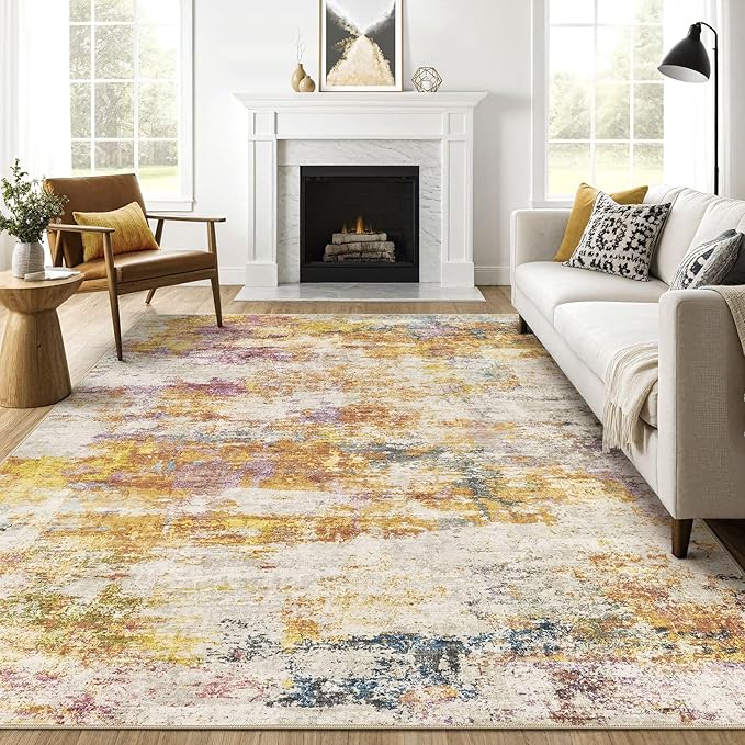 8X10 Area Rugs Living Room: Washable Large Abstract Soft Stain Resistant Indoor Floor Rugs Non Slip Accent Carpet for Bedroom Nursery Playroom Office Dining Room Dorm & Home- Gold Colorful