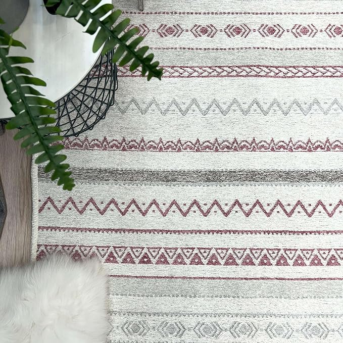 Alfa Rich 5x8 Mauve Off White Washable Area Rugs for Living Room Bedroom Kitchen Decor Cotton Rug