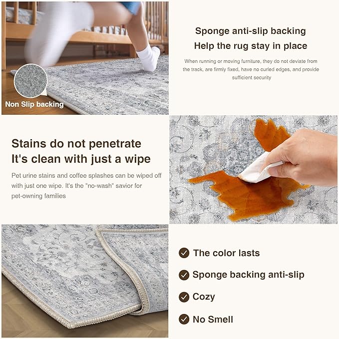 HUGEAR Entryway Machine Washable Area Rugs 2x3 Vintage Blue Small Neutral Style Non Slip Stain Resistant Low Pile Throw Carpet for Hallway Kitchen Retro Aesthetic Modern Decor