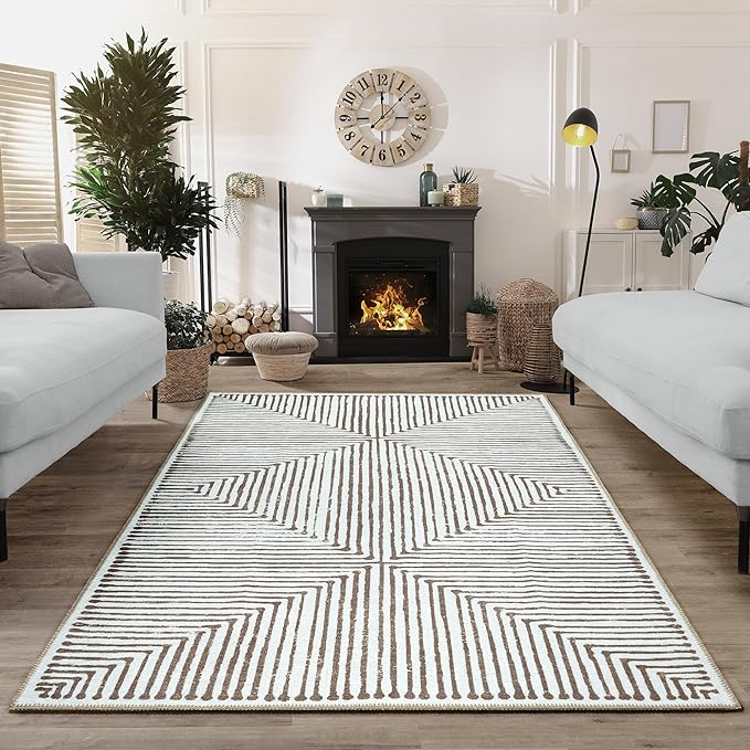Bloom Rugs Washable Non-Slip 9' x 12' Rug - Brown Striped Area Rug for Living Room, Bedroom, Dining Room, and Kitchen - Exact Size: 9' x 12'