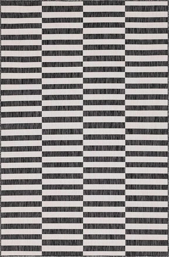 Unique Loom Outdoor Striped Collection Area Rug - Striped (6' 1" x 9' Rectangle, Charcoal/Ivory)