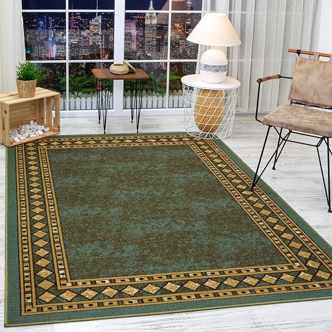 Antep Rugs Alfombras Modern Bordered 4x6 Non-Skid (Non-Slip) Low Profile Pile Rubber Backing Indoor Area Rugs (Green, 4' x 5'8")