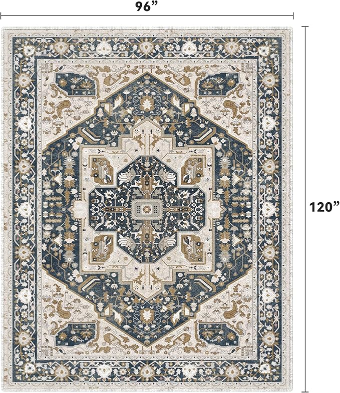 EnHomee 8x10 Area Rugs Washable for Bedroom, Boho Vintage Rugs, Foldable Area Rug for Dining Room, Non-Slip Soft Living Room Rug, Low Pile Large Carpet for Bathroom, Blue and Brown
