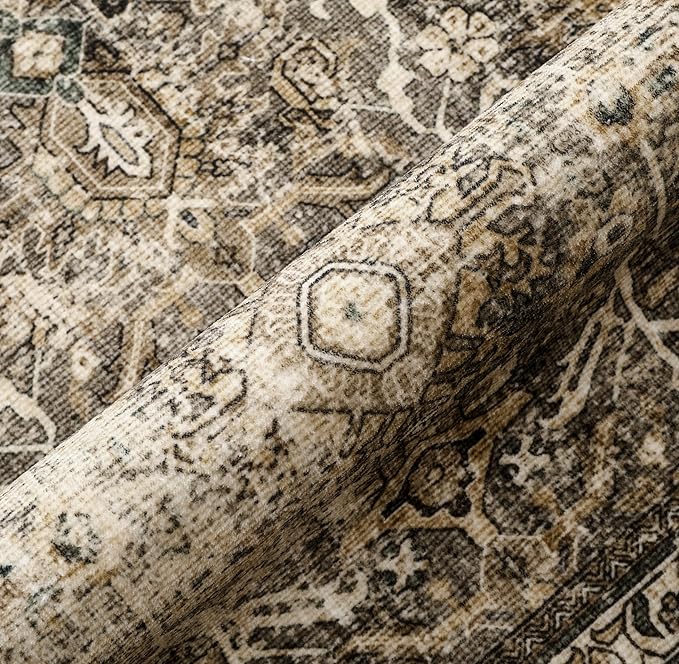 Brown Runner Rug 2x5 Vintage Area Carpet Hallway Indoor Kitchen Washable Living Room Low Pile Traditional Distressed Retro Accent Throw Rug Non Slip for Laundry Bathroom Office Dining Room
