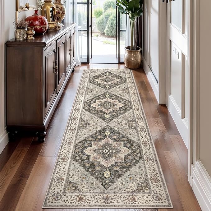 Tangsoo 2.6x10 Hallway Runner Rugs, Washable Runner Rug for Hallways Non Slip Vintage, Soft Low Pile Long Rug Runner, Print Indoor Carpet Runners for Living Room Kitchen Bedroom Entryway Grey
