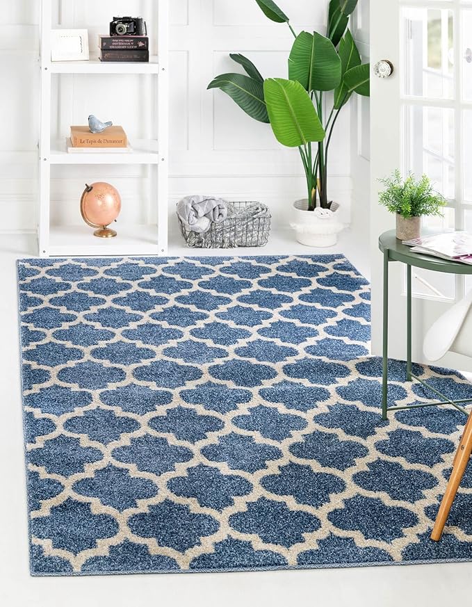 Rugs.com Lattice Collection Rug – 7' x 10' Light Blue Medium Rug Perfect for Bedrooms, Dining Rooms, Living Rooms