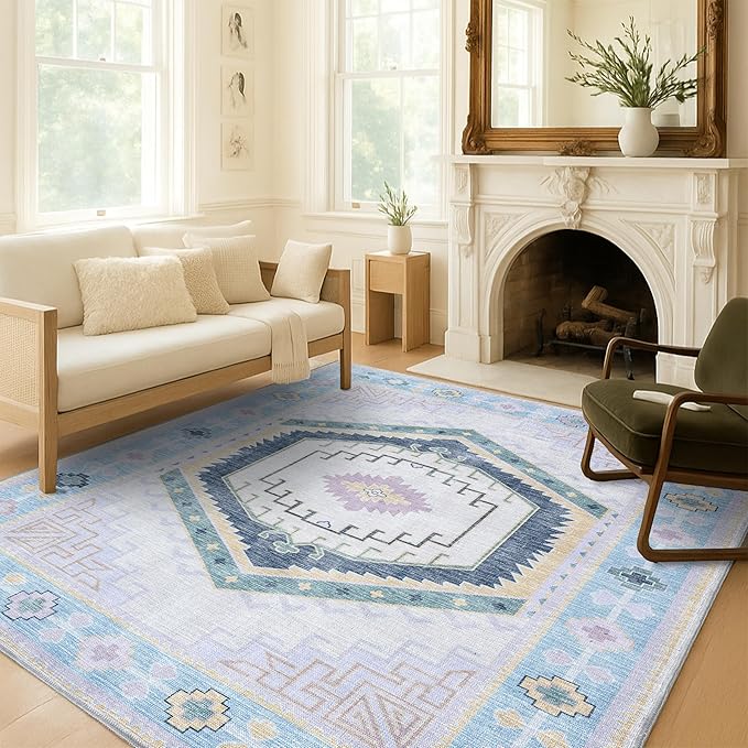 Fame Living Washable Area Rug. Modern Farmhouse. Vintage. Turkish. Bohemian. Distressed. Oriental. Traditional. Rugs for Living Room. Dining. Bedroom. Office. Entryway. Foyer. (856PBl, 9' x 12')