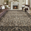 Washable Living Room Rug: 8x10 Boho Floral Soft Area Rug for Bedroom Decor - Vintage Low Pile Thin Carpet for Dining Room Non-Slip - Farmhouse Stain Resistant Rugs - Dark Brown