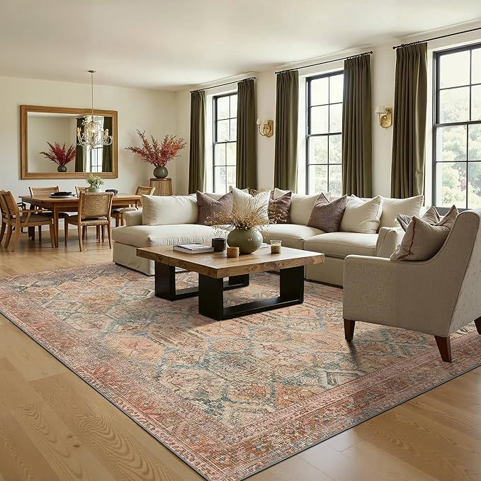 Bavni Washable Rug 6x9 Area Rug for Living Room Bedroom Dining, Washable Vintage Print Carpet, Ultra-Thin Chenille Low Pile Lightweight Rug with Non Slip Backing, Clay