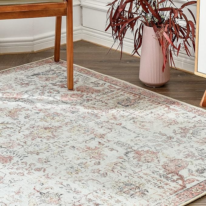 jinchan Runner Rug 2x6 Washable Hallway Rug Vintage Indoor Thin Retro Floor Cover Distressed Floral Country Lightweight Non Slip Carpet for Entryway Bathroom Kitchen Bedroom Living Room Red