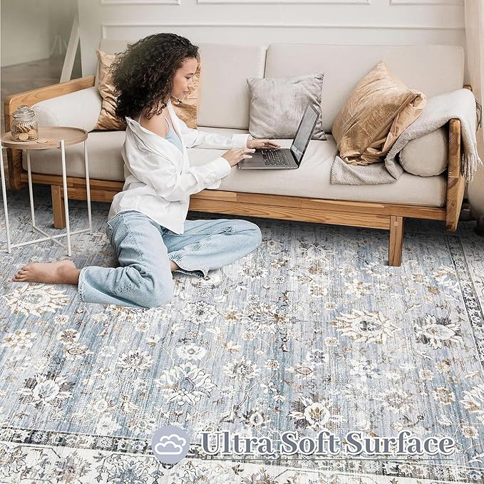 Area Rug 10x14 Living Room Rugs, Machine Washable Vintage Distressed Boho Area Rug Non-Slip Soft Low Pile Large Indoor Rugs for Bedroom Kitchen Dining Room Office(Light Blue,10'x14')