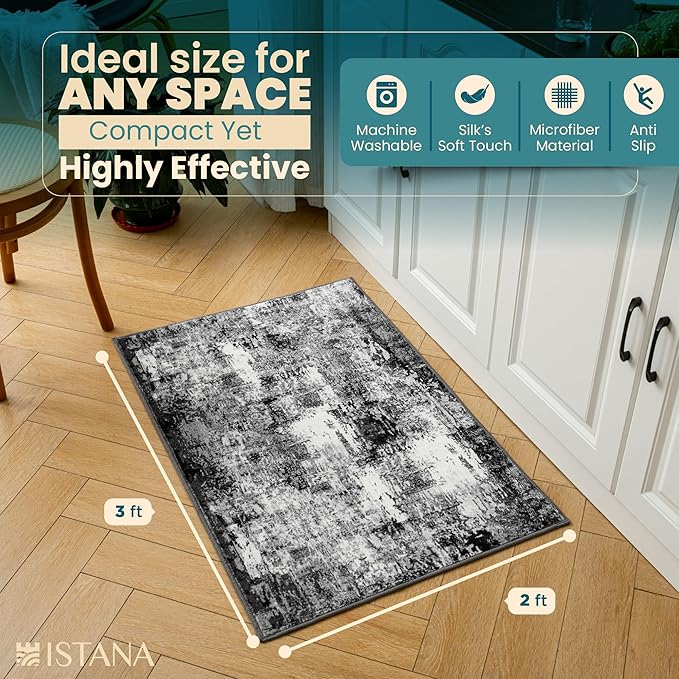 Istana 2x3 Area Rug - Grey Black Boho Rugs for Living Room 2x3 - Foldable Small Rugs for Bedroom - Stain Resistant Washable Rug Non Slip - Eco-Friendly Area Rugs Indoor