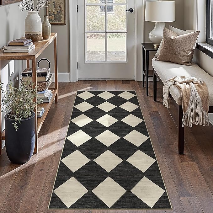 2x6 Runner Checkered Rug for Hallways Black Washable Long Carpet Non-Slip Low Pile Boho Indoor Accent Throw Rug for Entrance Kitchen Bedroom Dining Laundry