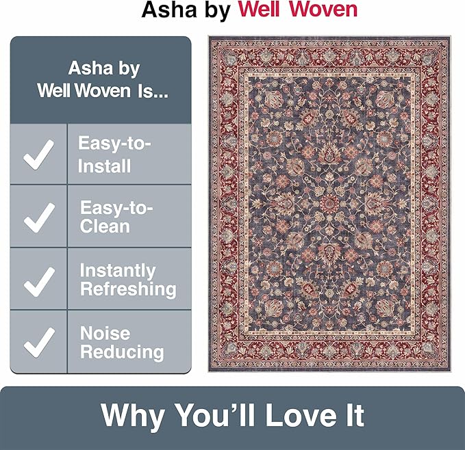 Well Woven Asha Rome Navy Blue Red 3'3" x 5' Area Rug - Oriental Floral Pattern, Easy Clean, Floor-Friendly Backing - for Living Room, Bedroom, and Dining Room