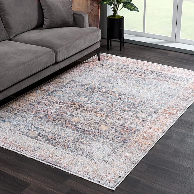 Bloom Rugs Caria Washable Non-Slip 3x5 Rug - Ocean Blue/Brick Traditional Area Rug for Living Room, Bedroom, Dining Room, and Kitchen - Exact Size: 3' x 5'