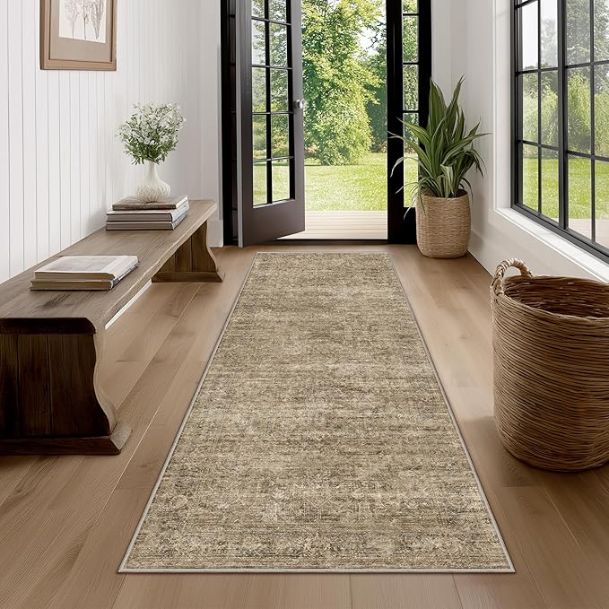 FMFUNCTEX 2x8 Runner Rug Brown Washable Vintage Neutral Distressed Oriental Non Slip Low Pile Indoor Carpet Retro Hallway Entryway Rug for Kitchen Living Room Bedroom Bathroom Laundry Entry Bedside