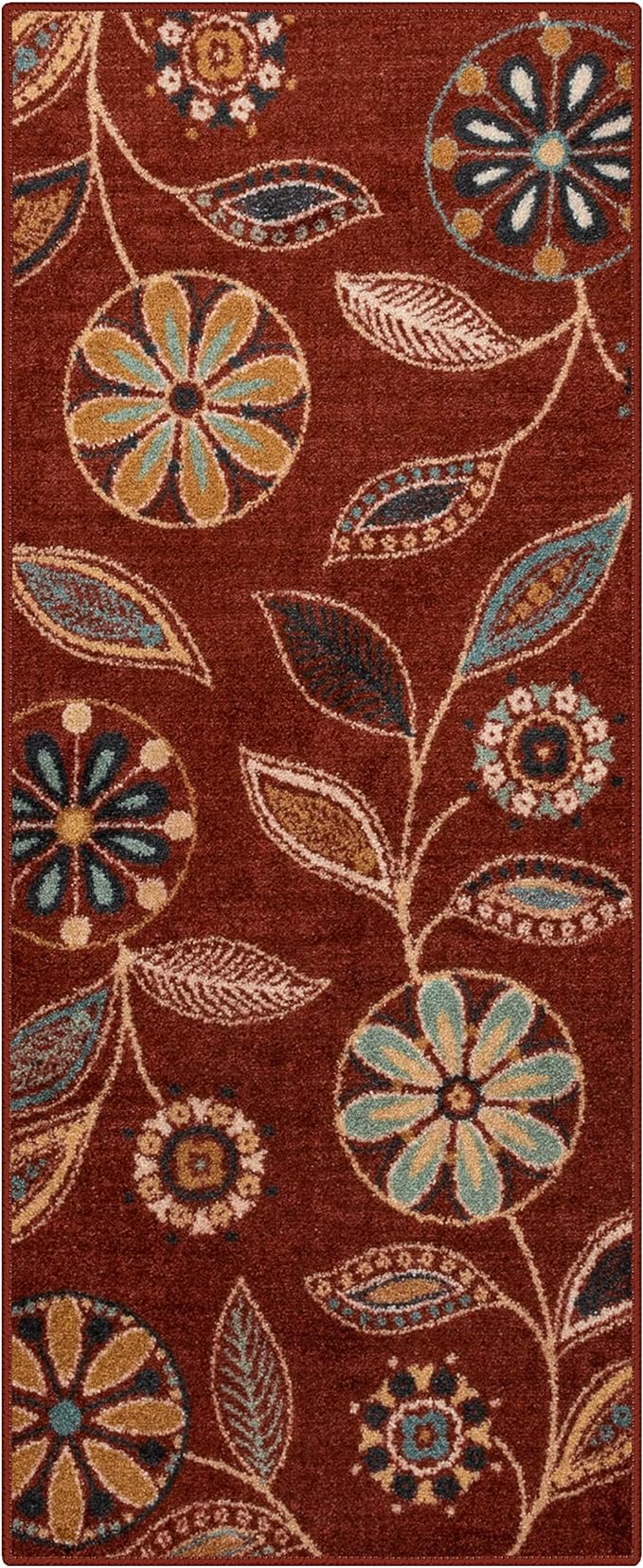 Maples Rugs Reggie Floral Runner Rug - Made in USA - Washable, Non Slip Indoor Carpet for Kitchen, Hallway, and Laundry Room, 2'6" x 6', Merlot