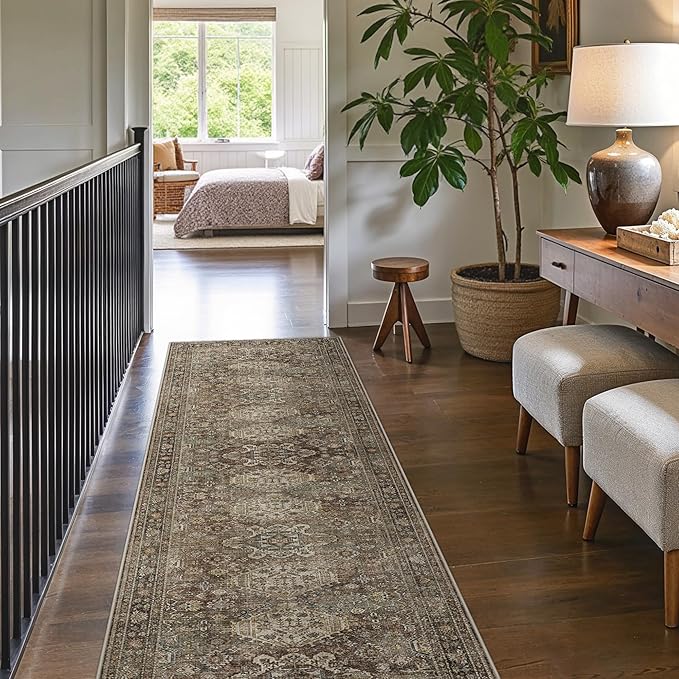 Bavni Vintage Runner Rug 2'6"x7', Distressed Oriental Hallway Carpet, Washable Low Pile Non-Slip Long Rug for Entryway, Kitchen, Bedroom, Living Room, Brown