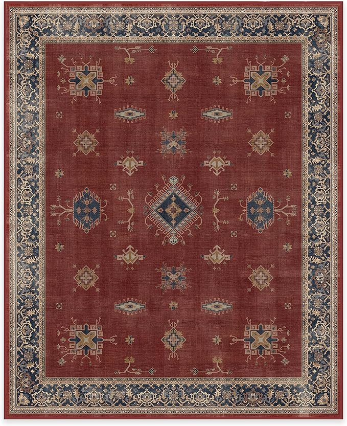 RUGGABLE Washable Vintage Area Rug – Verena Amber Red 8x10, Stain-Resistant, Non-Slip – Large Machine Washable Rugs for Living Room, Bedroom, Hallway, Entryway & Office–with Standard Pad