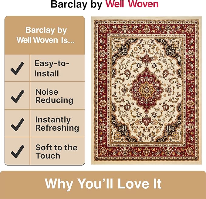 Well Woven Barclay Collection Medallion Kashan Ivory 8x10 Area Rug - for Living Room, Bedroom, and Dining Room