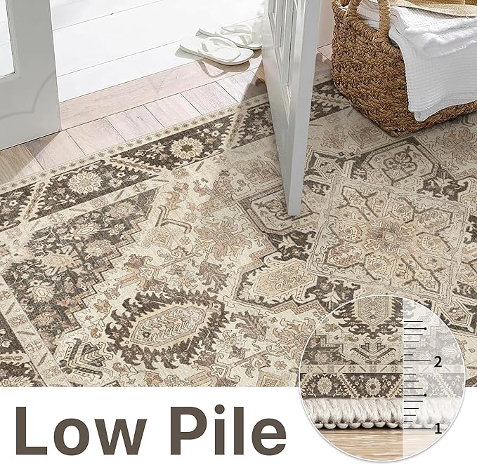 2x7 Runner Rug Machine Washable Boho Runners for Hallway,Ultra-Thin Low Pile Rug,Lightweight Indoor Carpet,Non Slip Floral Runners for Enrtyway, Corridor, Home Office, Kitchen,Brown