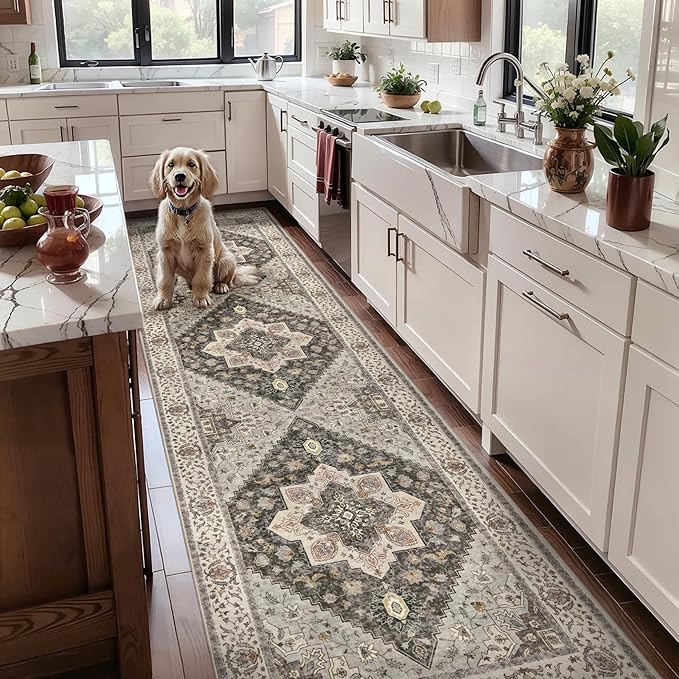 Tangsoo 3x10 Runner Rug for Hallway Long Washable Hallway Runner Rugs, Non Slip Vintage Soft Low Pile Rug Runner, Indoor Oriental Carpet Runners for Living Room Kitchen Bedroom Entryway Grey