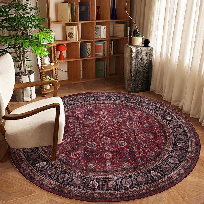 GLN Rugs Traditional Collection - Machine Washable Area Rug, Traditional Washable, Non Slip, Low Pile Chenille Rug, Living Room, Bedroom, Kitchen Rug (5'3" Round Dark Red)