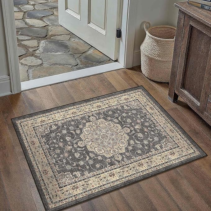 HUGEAR Entryway Machine Washable Area Rugs 2x3 Vintage Black Small Neutral Style Non Slip Stain Resistant Low Pile Throw Carpet for Hallway Kitchen Retro Aesthetic Modern Decor