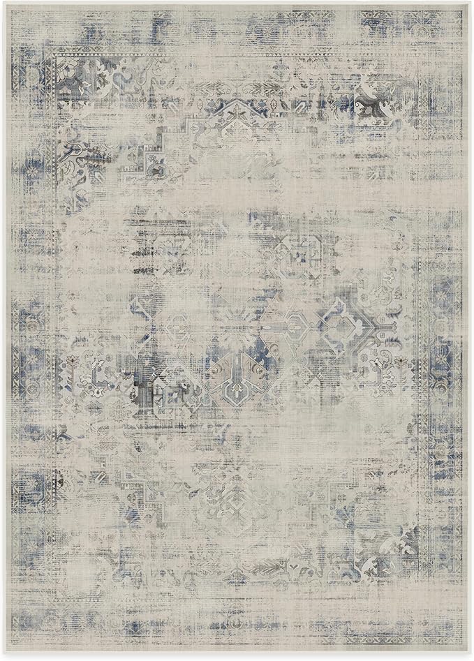 RUGGABLE Washable Vintage Area Rug – Kamran Blue Quartz 10x14, Stain-Resistant, Non-Slip – Large Machine Washable Rugs for Living Room, Bedroom, Hallway, Entryway & Office–with Cushioned Pad