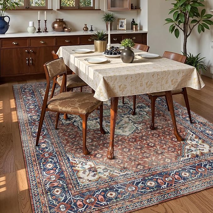 Washable Area Rug 9' x 12' Vintage Traditional Persian Mat - Foldable Distressed Non-Slip Machine Washable Carpet for Living Room Bedroom Kitchen Home Decor - Terracotta and Navy