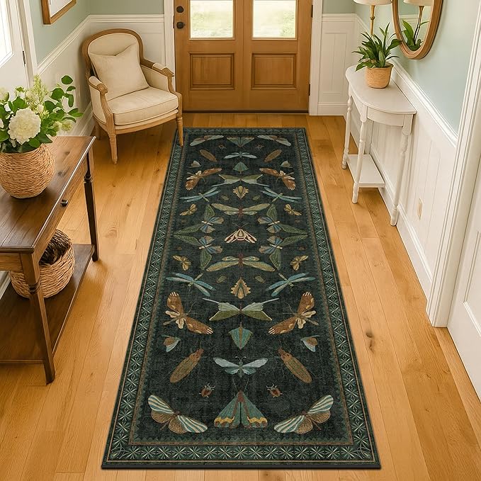 Dark Green Insect 2x5 Bathroom Runner Rug - Washable Non Slip Runners for Kitchen, Laundry Room, Front Door Mat Entrance, Nature Floral Indoor Floor Décor, Thin Low Pile with Rubber Backed