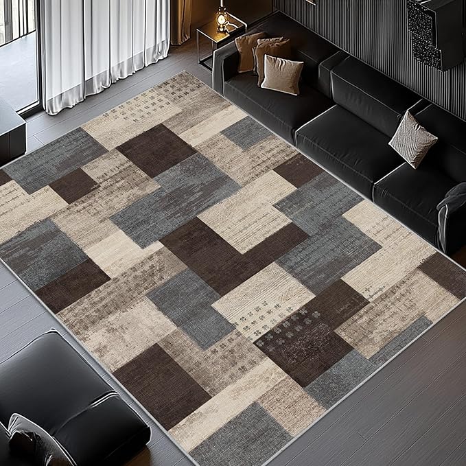 Modern Geometric Patchwork Indoor Area Rug for Living Room, Blue-Taupe 9'x 12' Large Rug Rockwood Collection Hardwood Floors Decor for Bedroom, Blue Throw Carpet for Office Entryway Dining Room