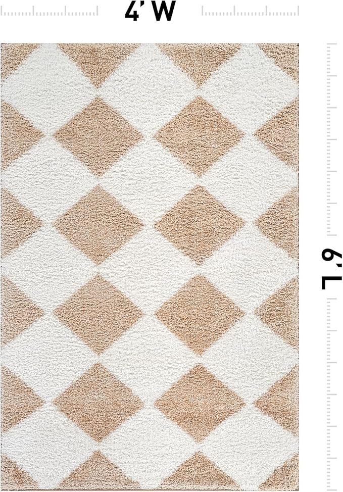 Rugshop Diamond Wave Shag Area Rug Beige 4' x 6' Ideal for Small Living Rooms, Offices, or Beside The Bed