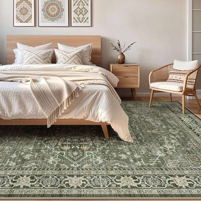 10x12 Area Rug Living Room: Washable Boho Large Neutral Vintage Soft Rugs Stain Resistant Farmhouse Non Slip Indoor Floor Carpet for Bedroom Nursery Kids Playroom Office Dining Room Home- Dark Green