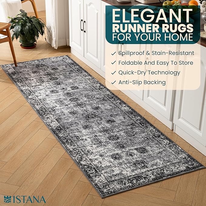 Istana Hallway Runner Rug 2.5x8 - Dark Grey Kitchen Rugs Non Slip Washable -Silk's Soft Touch Carpet Runner - Stylish Rugs for Home