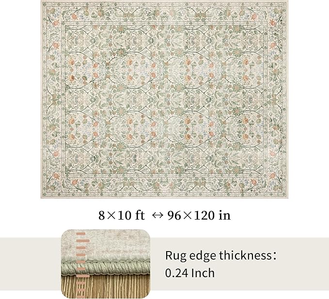 Washable Living Room Rug: 8x10 Boho Floral Soft Area Rug for Bedroom Decor - Vintage Low Pile Thin Carpet for Dining Room Non-Slip - Farmhouse Stain Resistant Rugs - Beige Green