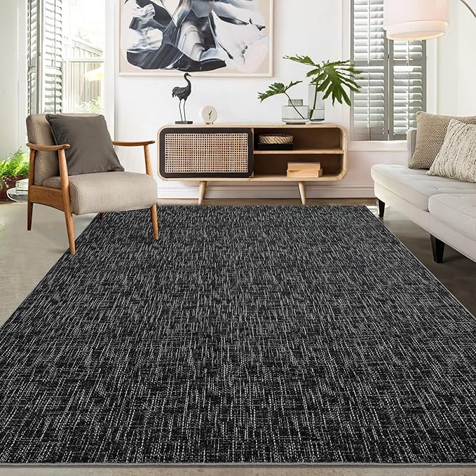 RUGSREAL Washable Rug 10x13 for Living Room Modern Abstract Area Rug Non-Slip Large Contemporary Bedroom Rug Stain Resistant Aesthetic Accent Floor Carpet Foldable Solid Rug for Home Office, Black