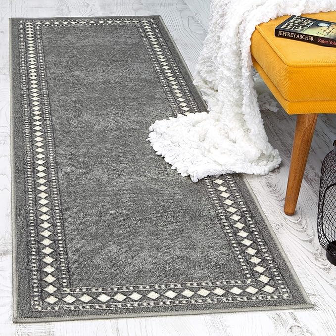 Antep Rugs Alfombras Modern Bordered 2x7 Non-Skid (Non-Slip) Low Profile Pile Rubber Backing Indoor Area Runner Rugs (Gray, 2' x 7')