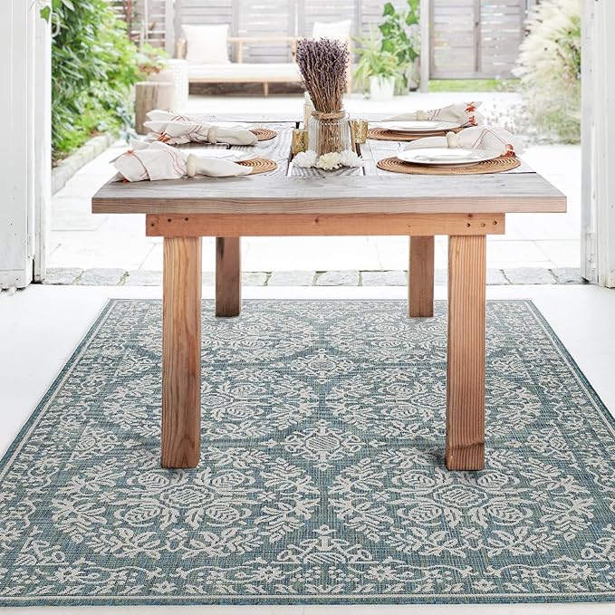 FH Home Flat Woven Outdoor Rug - Waterproof, Easy to Clean, Stain Resistant - Premium Polypropylene Yarn - Persian Farmhouse - Large Patio, Deck, Sunroom - Marbella - Ocean - 7ft 10 in x 10ft 9in