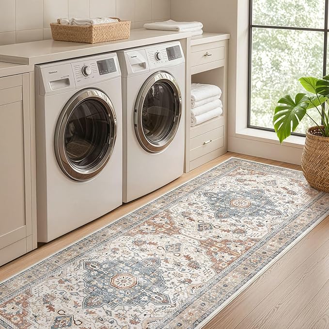 Runner Rug Kitchen Washable Rugs: 3x10 Non-Slip Boho Vintage Distressed Stain Resistant Indoor Neutral Farmhouse Throw Carpet for Hallway Bathroom Laundry Room Entryway Bedroom- Beige Blue