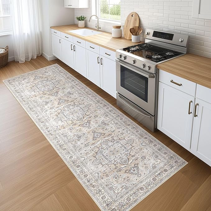 Runner Rug Kitchen Washable Rugs: 3x10 Non-Slip Boho Soft Vintage Stain Resistant Indoor Floor Neutral Farmhouse Throw Carpet for Hallway Bathroom Laundry Room Entryway Bedroom- Ivory Gray