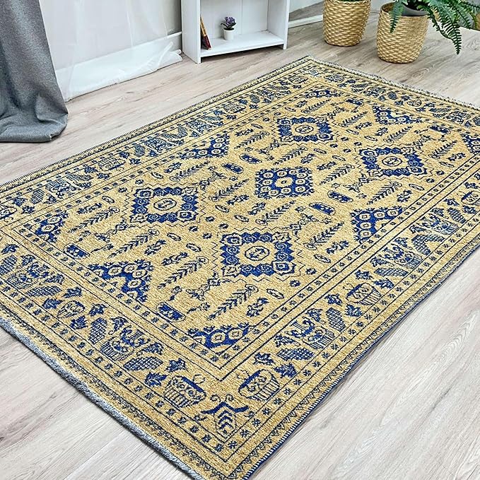 Alfa Rich 3x5 Gold Navy Blue Washable Area Rugs for Living Room Bedroom Kitchen Dining Cotton Runner