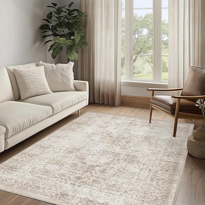 FMFUNCTEX 5x7 Washable Area Rug Neutral Vintage Beige Non Slip Low Pile Traditional Indoor Carpet for Living Room Bedroom Soft Retro Floral Mat Throw Rug for Dining Office Kitchen Dorm Entryway