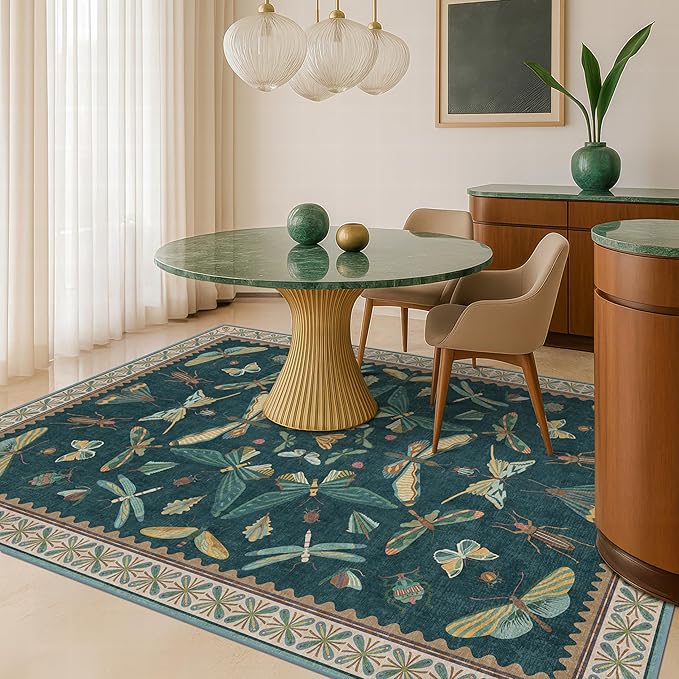 Insect Blue Green Living Room Rug 5x8 - Washable Area Rug for Bedroom, Dining Room, Kids Playroom, Home Office, Boho Butterfly Non Slip Stan Resistant
