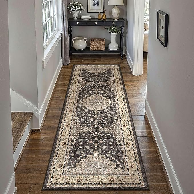 HUGEAR Machine Washable Hallway Runner Rugs 2x6 Vintage Black Neutral Style Non Slip Stain Resistant Low Pile Throw Carpet for Bedroom Kitchen Retro Aesthetic Modern Decor